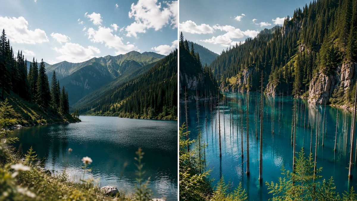 Каинды и Кольсай, коллаж из двух известных озер Казахстана.